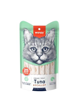 Wanpy Sindirim Sistemi Destekleyici Ton Balığı ve Deniz Taraklı Krema Kedi Ödül Maması 25 x 14 gr