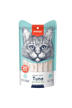 Wanpy Sindirim Sistemi Destekleyici Ton Balığı ve Morina Balıklı Krema Kedi Ödül Maması 25 x 14 gr