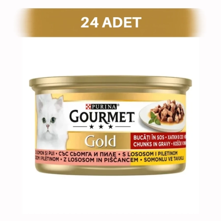 Gourmet Gold Parça Etli Soslu Somonlu Ve Tavuklu Yetişkin Kedi Konservesi 24 x 85 gr