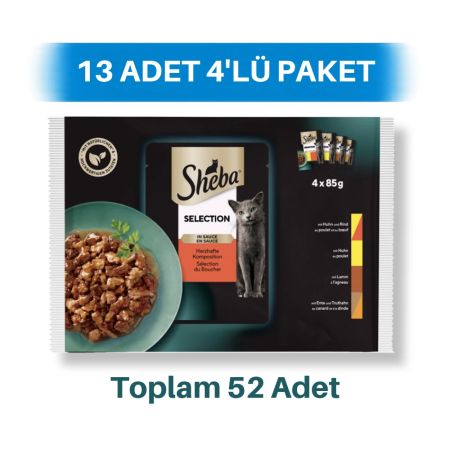 Sheba Etli Çeşitler Pouch Yetişkin Kedi Yaş Maması 13 Adet 4'lü x 85 gr