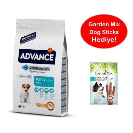 Advance Tavuklu ve Pirinçli Küçük Irk Yavru Köpek Maması 3 Kg + Garden Mix Dog Sticks HEDİYE!