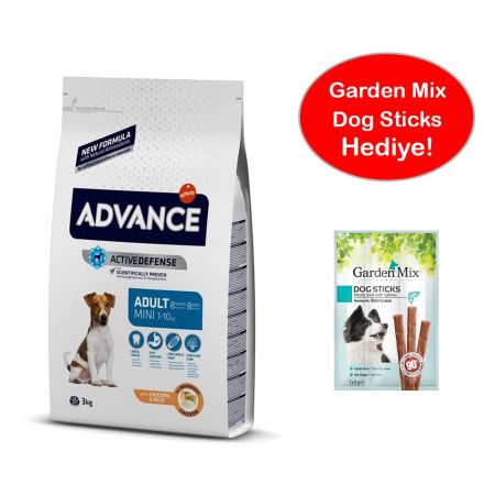 Advance Tavuklu ve Pirinçli Küçük Irk Yetişkin Köpek Maması 3 Kg + Garden Mix Dog Sticks HEDİYE!