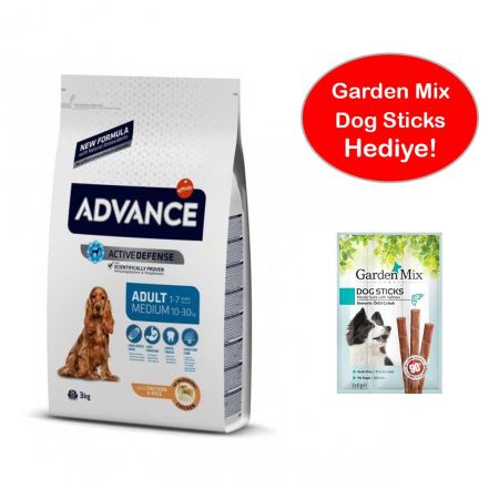 Advance Tavuk Etli Orta Irk Yetişkin Köpek Maması 3 Kg + Garden Mix Dog Sticks HEDİYE!