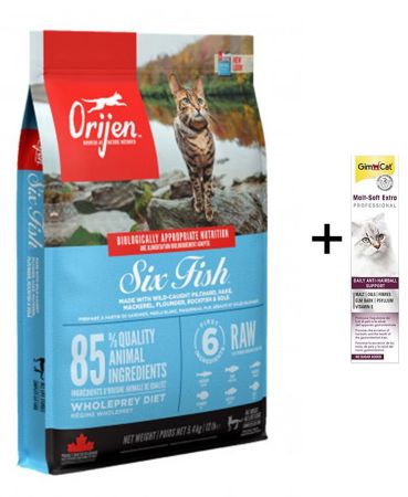 Orijen Six Fish Tahılsız Balıklı Yetişkin Kedi Maması 5,4 Kg + (Gimcat Malt Extra 100 g)