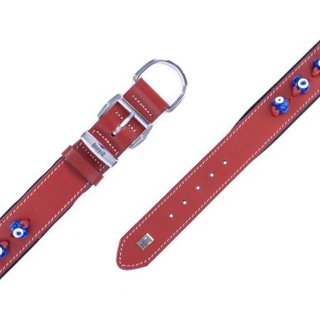 Doggie El Yapımı Gerçek Deri Nazar Boncuğu Süslemeli Köpek Boyun Tasması  3.5 x 52 cm (Kırmızı)