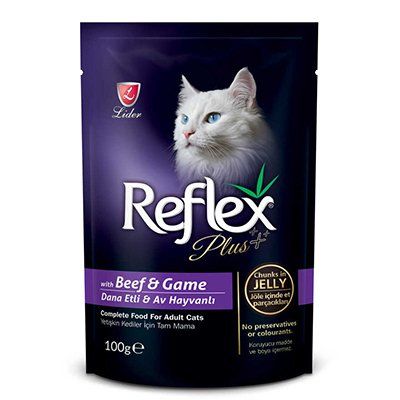 Reflex Plus Biftek ve Av Hayvanlı Jöle İçinde Et Parçacıklı Yetişkin Kedi Konservesi 100 Gr