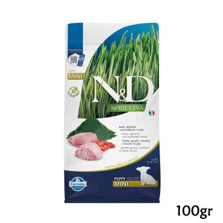 ND Spirulina Kuzulu ve Kurt Üzümlü Mini Irk Yavru Köpek Maması Deneme Boy 100gr