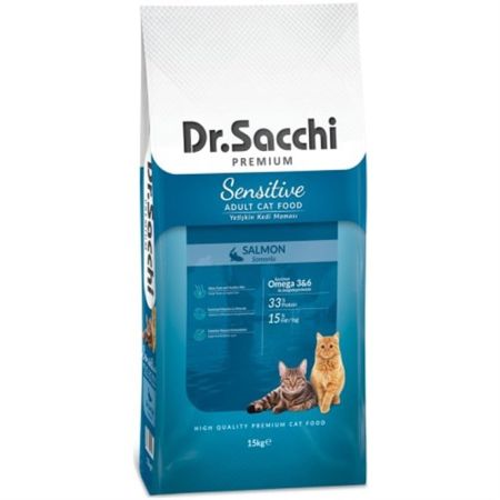 Dr.Sacchi Premium Hassas Irk Somonlu Yetişkin Kedi Maması 15 Kg + Saovet Malt Pasta 100gr + Biotin Pasta 100gr HEDİYE