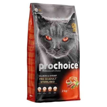 Pro Choice 33 Somonlu ve Karidesli Düşük Tahıllı Kısırlaştırılmış Kedi Maması 2 Kg + Saovet Multivitamin Pasta 100gr HEDİYE