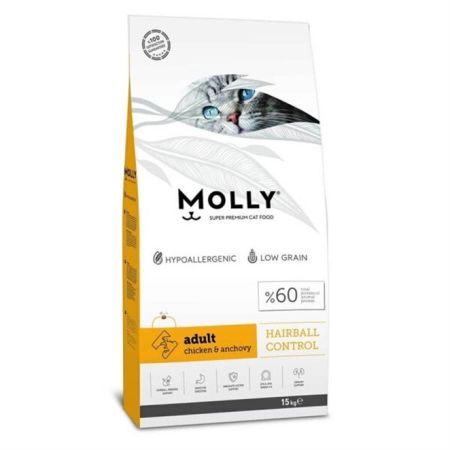 Molly Hairball Düşük Tahıllı Tavuklu Yetişkin Kedi Maması 15 Kg + Saovet Malt Pasta 100gr + Biotin Pasta 100gr HEDİYE