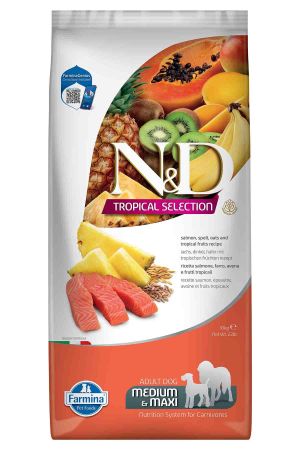 N&D Tropical Selection Somonlu ve Tropikal Meyveli Orta ve Büyük Irk Yetişkin Köpek Maması 10kg + Saovet Glukozamin Tablet 75gr + Somon Yağı 250ml HEDİYE