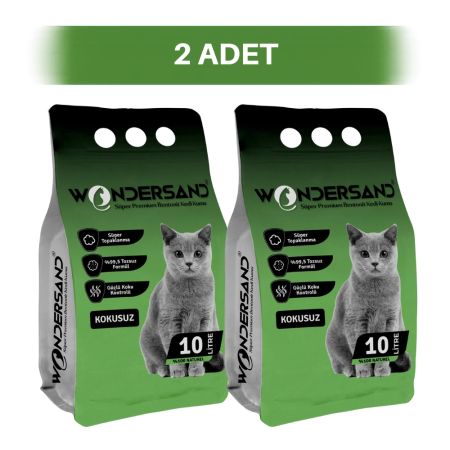 WonderSand Kokusuz Naturel İnce Taneli Topaklanan Beyaz Bentonit Kedi Kumu 2 x 10 lt