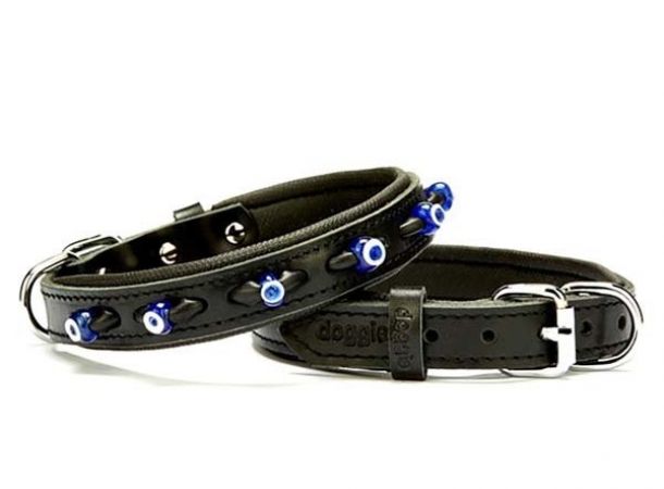 Doggie Comfort Deri Nazar Boncuklu Köpek Boyun Tasması Medium Siyah 2x35-40 Cm