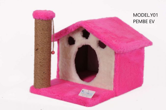 Cat Hause Y01 Ev Şeklinde Yuvalı ve Yataklı Kedi Tırmalama Evi Pembe 45 Cm