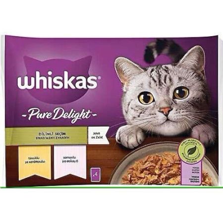 Whiskas Pouch Pure Delight Jöle İçinde Tavuklu ve Somonlu Yetişkin Kedi Konservesi 85gr (4'lü)