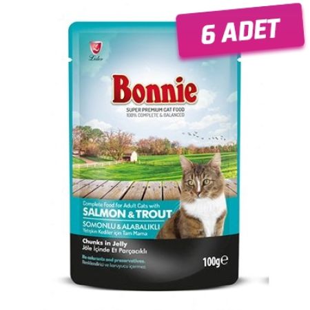 Bonnie Somonlu Alabalıklı Pouch Jelly Yetişkin Kedi Konserve Maması 100 Gr - 6 Adet