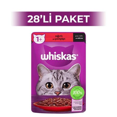 Whiskas Pouch Sos İçinde Sığır Etli Yetişkin Kedi Konservesi 85 gr 28 Adet