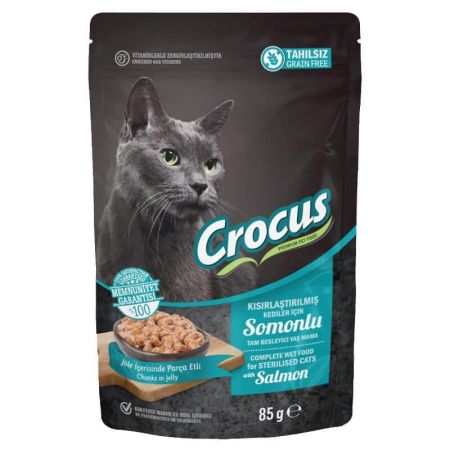 Crocus Pouch Sterilised Tahılsız Somonlu Jöleli Kısırlaştırılmış Kedi Yaş Maması 85 Gr