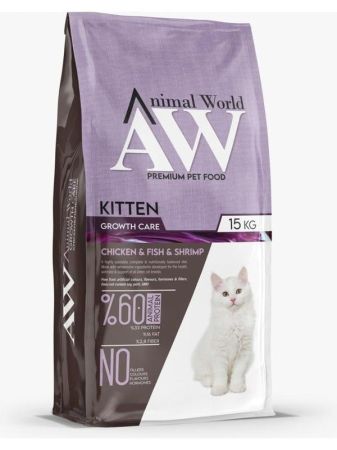 Animal World Kitten Growth Care Chicken, Fish and Shrimp Büyüme Destekleyici Tavuk Etli, Balıklı ve Karidesli Yavru Kedi Maması 15 Kg