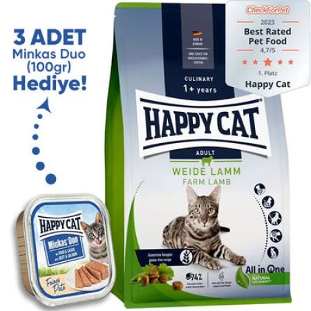 Happy Cat Culinary Weide Lamm Kuzu Etli Kedi Maması 10 Kg + 3 Adet Happy Cat 100 Gr