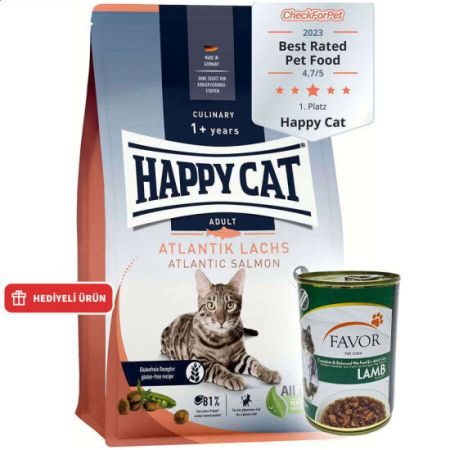 Happy Cat Atlantic Lachs Somonlu Kedi Maması 4 Kg + 2 Adet Favor Kuzu Kedi Konservesi 400 Gr