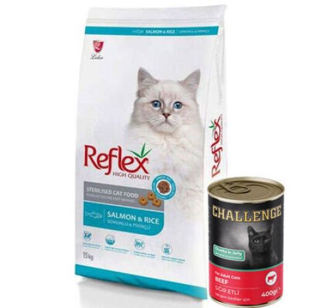 Reflex Sterilised Somonlu Kısırlaştırılmış Kedi Maması 15 Kg + 5 Adet Challenge 400 Gr Konserve
