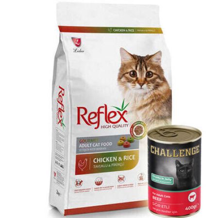 Reflex Renkli Taneli Tavuk Etli Kedi Maması 15 Kg + 5 Adet Challenge 400 Gr Konserve