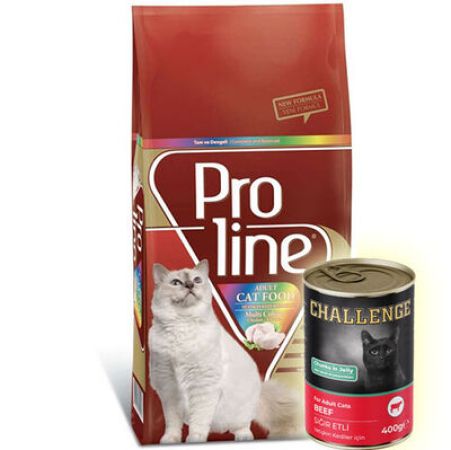 ProLine Renkli Taneli Yetişkin Kedi Maması 15 Kg + 5 Adet Challenge 400 Gr Konserve