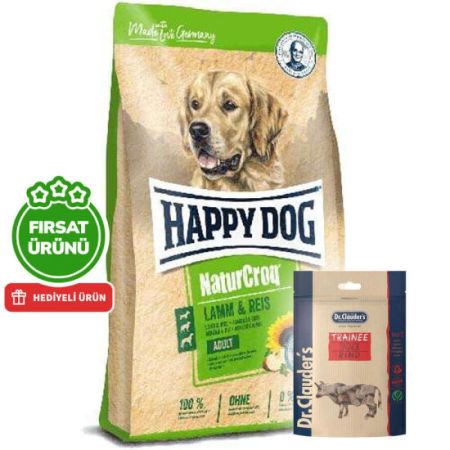 Happy Dog NaturCroq Kuzu Etli Köpek Maması 15 Kg + 2 Adet Dr. Clauders Biftekli Ödül 80 Gr