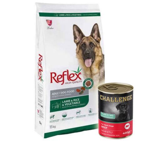 Reflex Vegetable Kuzu Etli ve Sebzeli Köpek Maması 15 Kg + 5 Adet Challenge 400 Gr Konserve