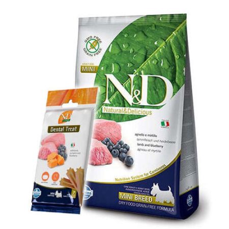 ND Tahılsız Kuzu Eti Yaban Mersini Küçük Irk Köpek Maması 7 Kg + ND Dental Köpek Ödülü