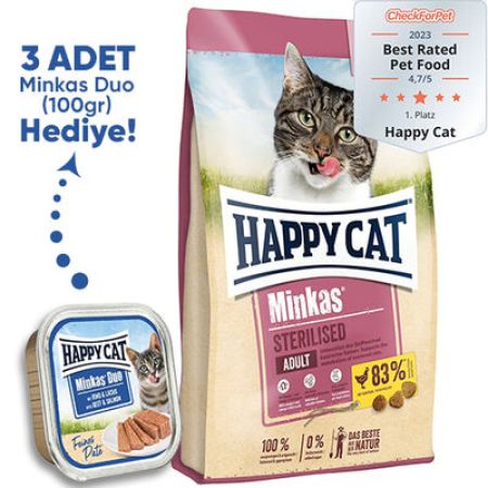 Happy Cat Minkas Sterilised Kısırlaştırılmış Kedi Maması 10 Kg + 3 Adet Happy Cat 100 Gr Yaş Mama