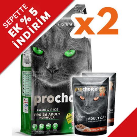 Pro Choice Pro36 Lamb Kuzu Etli Kedi Maması 2 Kg x 2 Adet + 2 Adet 85 Gr Yaş Mama