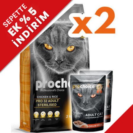 Pro Choice Pro32 Kısırlaştırılmış Tavuklu Kedi Maması 2 Kg x 2 Adet + 2 Adet 85 Gr Yaş Mama