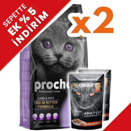 Pro Choice Pro38 Kitten Kuzulu Yavru Kedi Maması 2 Kg x 2 Adet + 2 Adet 85 Gr Yaş Mama