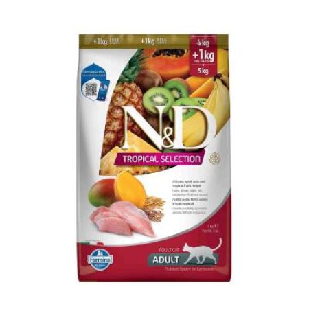 N&D Tropical Selection Düşük Tahıllı Tavuklu ve Tropikal Meyveli Yetişkin Kedi Maması 4+1kg Hediyeli!