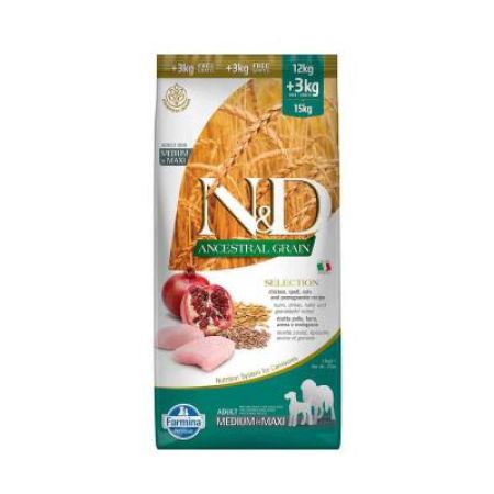 N&D Düşük Tahıllı Tavuk Narlı Orta ve Büyük Irk Köpek Maması 12 + 3 Kg