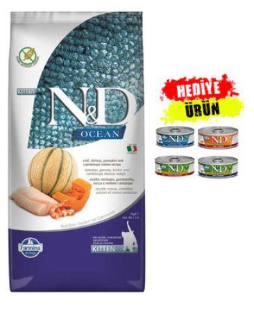 N&D Ocean Morina Balıklı Bal Kabaklı Karidesli ve Kavunlu Tahılsız Yavru Kedi Maması 5kg