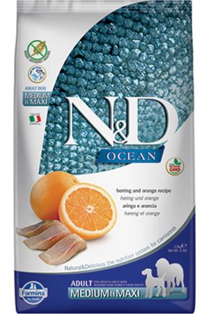 ND Ocean Tahılsız Ringa Balığı ve Portakallı Orta ve Büyük Irk Yetişkin Köpek Maması 2,5kg