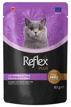 Reflex Plus Jöle İçinde Et Parçacıklı Somonlu ve Ton Balıklı Yetişkin Kedi Konservesi 85gr