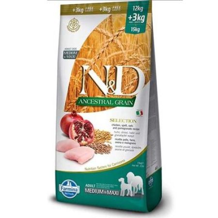 N&D Düşük Tahıllı Tavuklu Orta ve Büyük Irk Köpek Maması 12+3 Kg