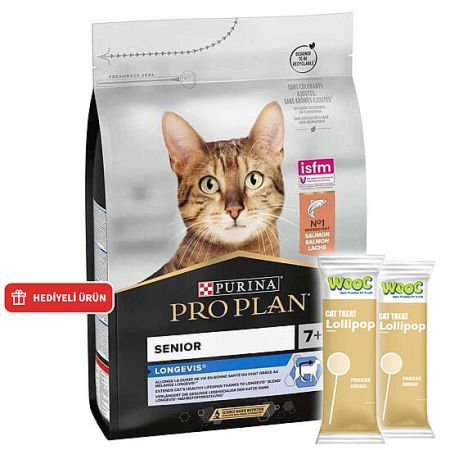 Pro Plan Longevis Senior +7 Somonlu Kedi Maması 3 Kg + 2 Adet Wooc Lolipop Ödül