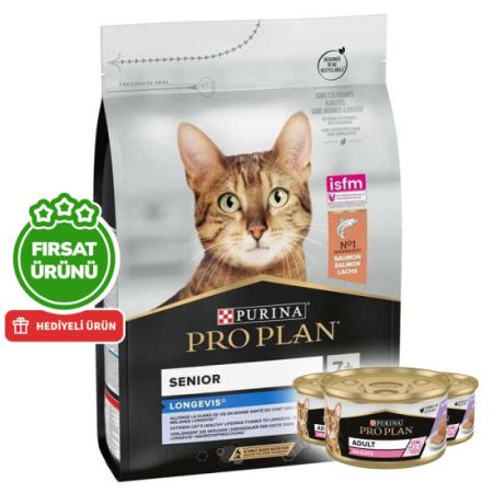 Pro Plan Longevis Senior +7 Somonlu Kedi Maması 3 Kg + 3 Adet Pro Plan Konserve 85 Gr