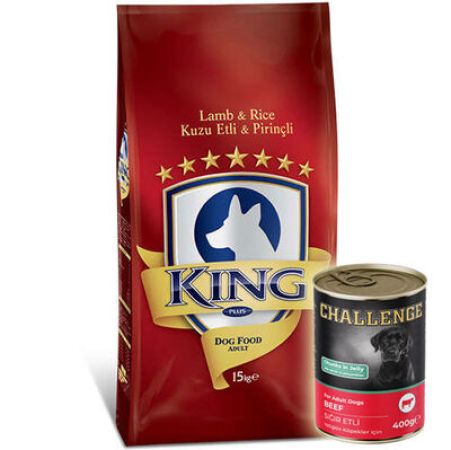 King Plus Lamb Kuzu Etli Köpek Maması 15 Kg + 5 Adet Challenge 400 Gr Konserve