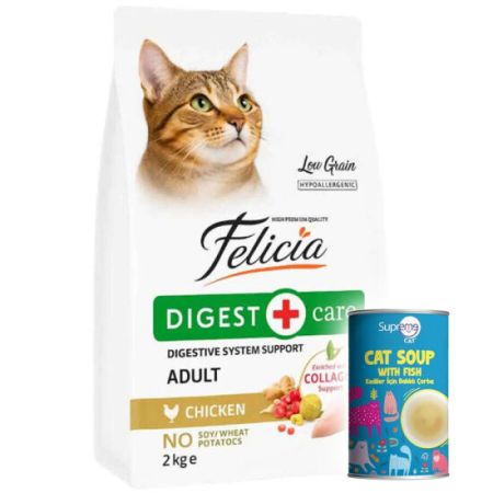 Felicia Hypoallergenic Düşük Tahıllı Tavuk Etli Kedi Maması 2 Kg + Supreme Cat Kedi Çorbası 135 ML