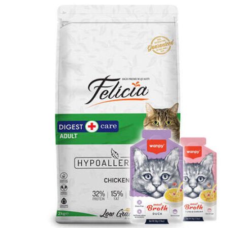 Felicia Hypoallergenic Düşük Tahıllı Yetişkin Tavuk Etli Kedi Maması 2 Kg + 2 Adet Wanpy 50 Gr Kedi Çorbası