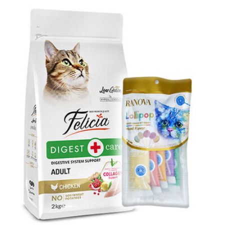 Felicia Hypoallergenic Düşük Tahıllı Yetişkin Tavuk Etli Kedi Maması 2 Kg + 5'li Ranova Lolipop
