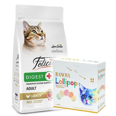 Felicia Hypoallergenic Düşük Tahıllı Tavuk Etli Kedi Maması 12 Kg + 15'li Ranova Lolipop