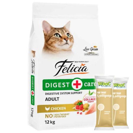 Felicia Hypoallergenic Düşük Tahıllı Tavuk Etli Kedi Maması 12 Kg + 2 Adet Wooc Lolipop Ödül