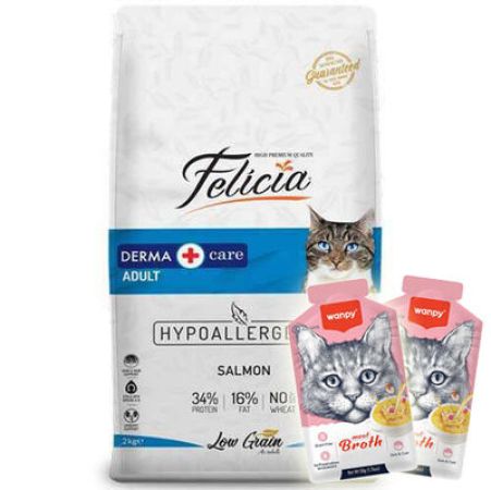 Felicia Düşük Tahıllı Somonlu Yetişkin Kedi Maması 2 Kg + 2 Adet Wanpy Çorba 50 Gr